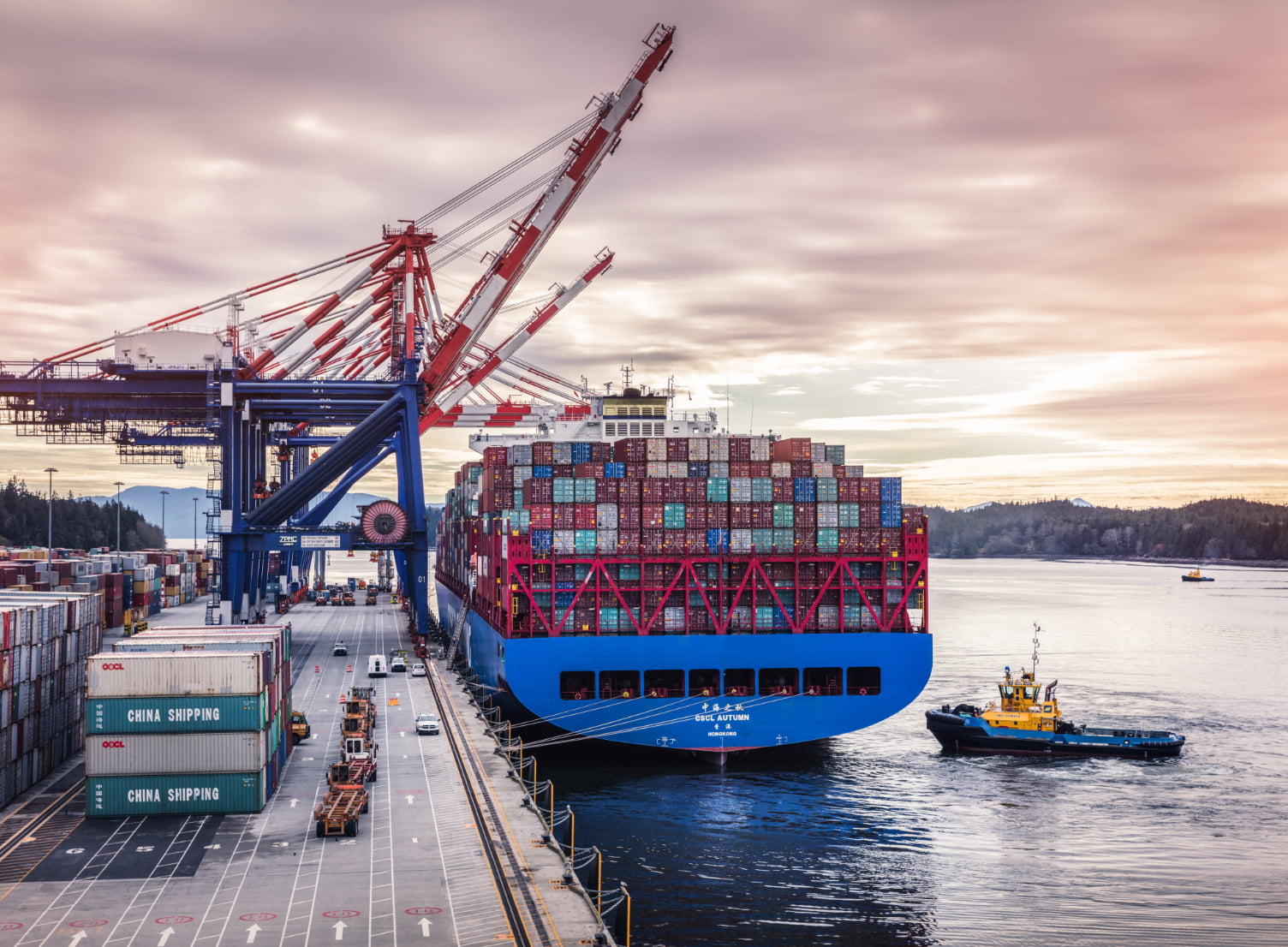 Cargo Ship being loaded at Prince Rupert Port at Sunset