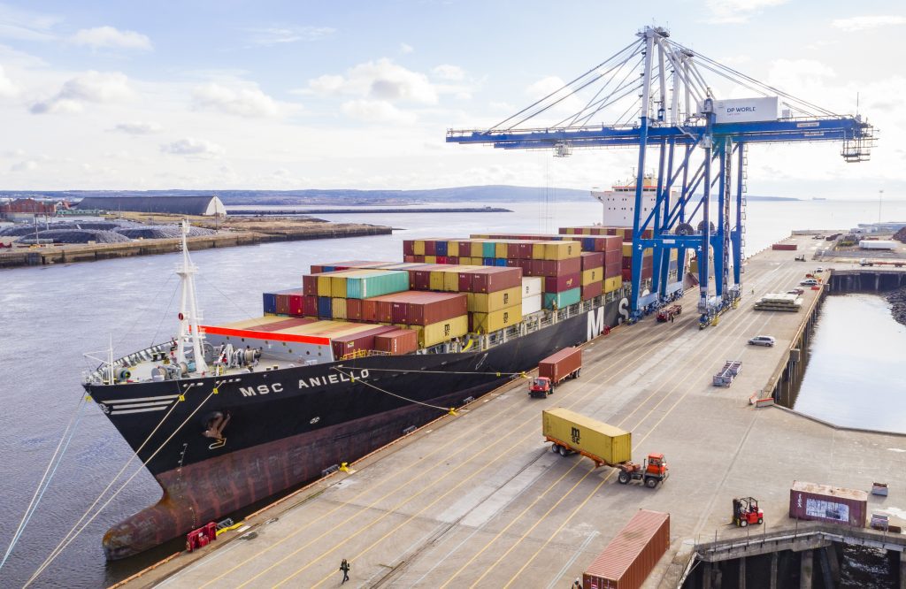 Container ship docked at port