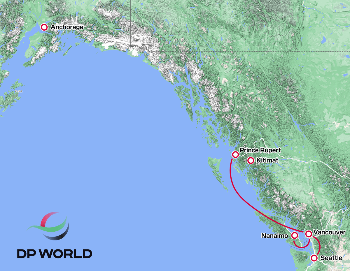 Shipping graphic connecting Prince Rupert, Vancouver, Nanaimo and Seattle